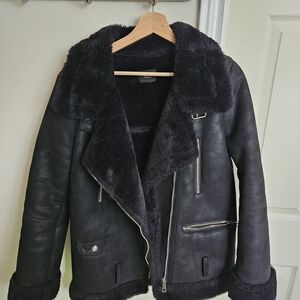 Black Faux Shearling Biker Jacket